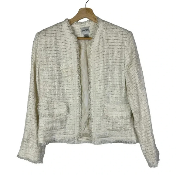 Chico's Cream Fringe Trim Tweed Blazer Jacket 0/S - Picture 1 of 3